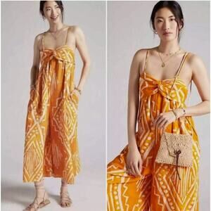 Anthropologie Cotton Orange Boho Tribal Jumpsuit Sleeveless Wide Leg Size 14 NEW